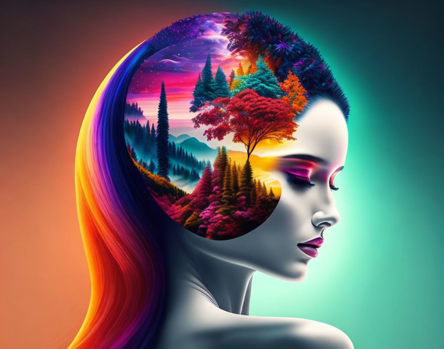 Colorful Rainbow Hair Blending into Surreal Landscape Profile