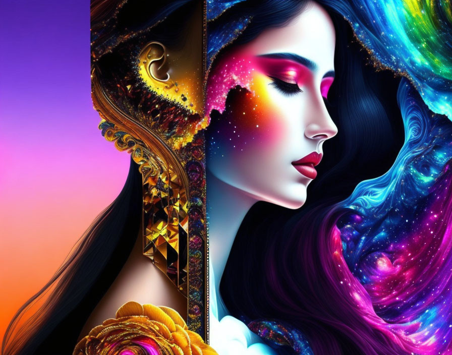 Colorful digital artwork featuring two women with cosmic and floral hair themes on gradient backdrop