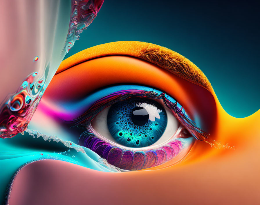 Detailed surreal artwork: Vibrant blue eye amidst multicolored shapes