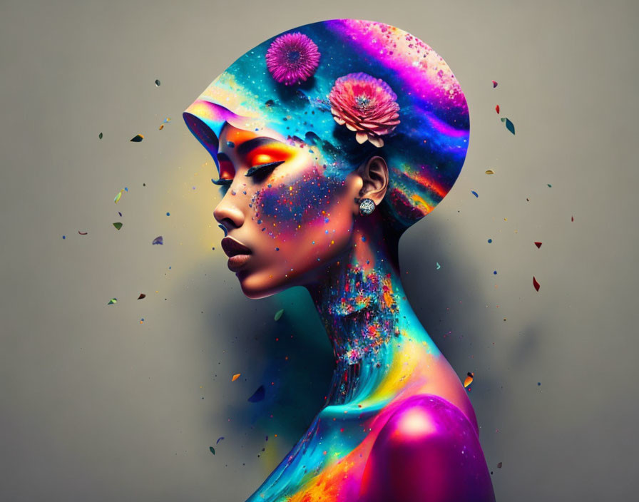 Colorful cosmic-themed digital artwork of a woman with stars and nebulae.