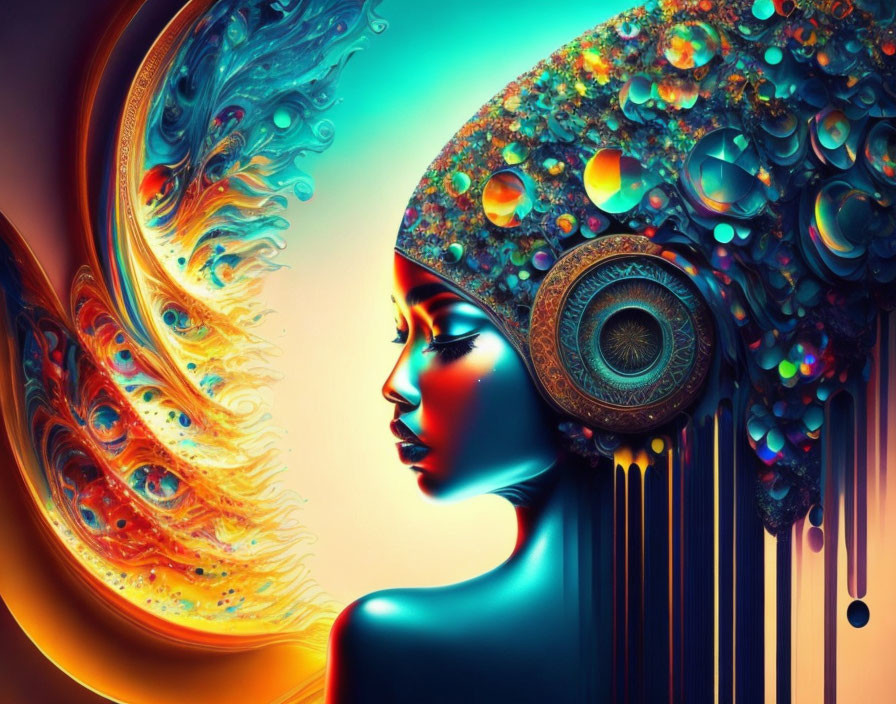 Colorful Abstract Digital Artwork of Woman with Vibrant Headdress Pattern