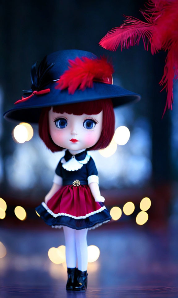 Porcelain doll with large eyes in black and white dress and hat with red feathers against bokeh light