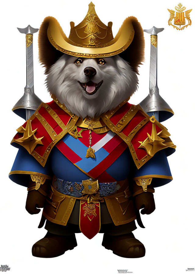 Regal dog in medieval armor with crown and crossed swords