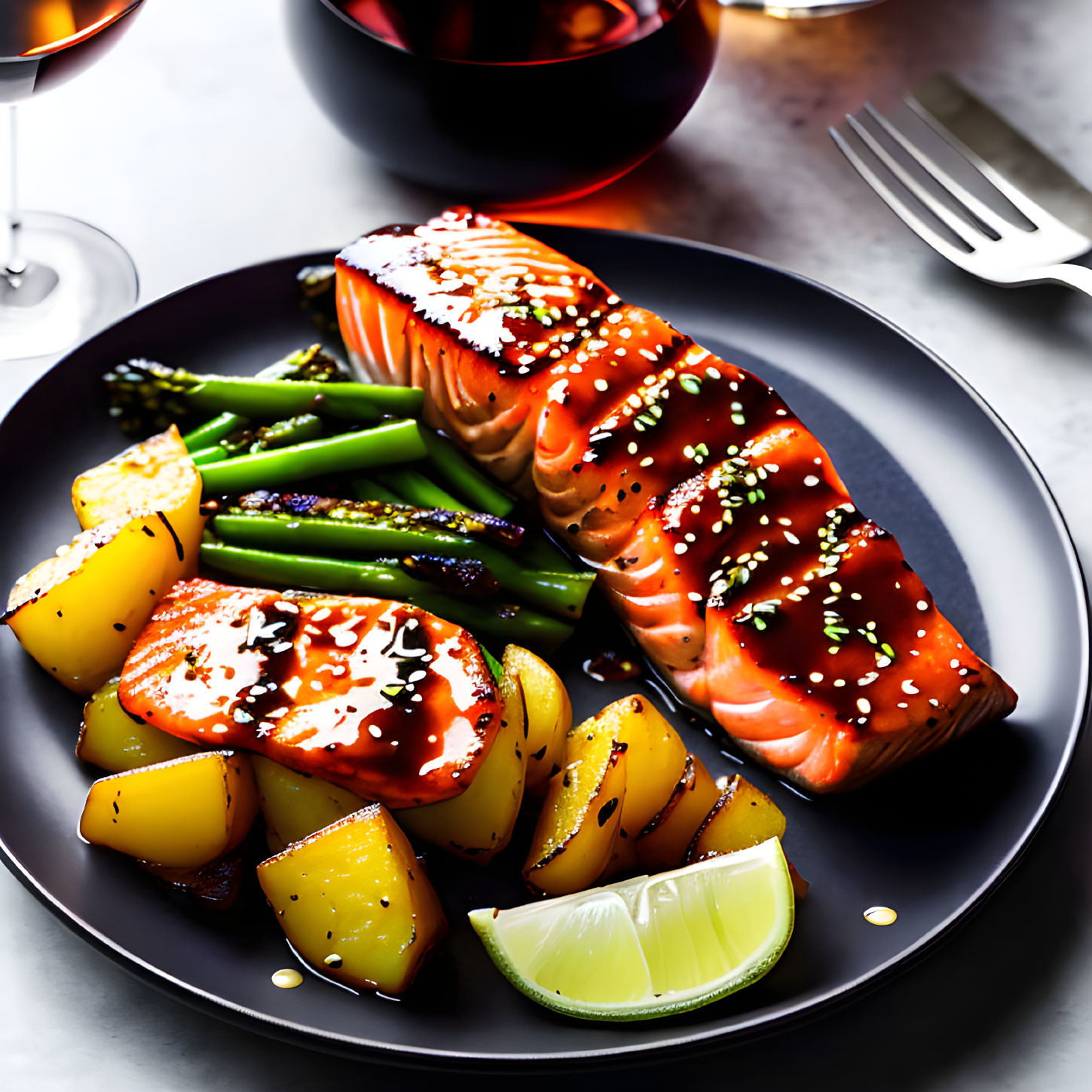 Grilled Salmon Fillet with Sesame Seeds, Asparagus, Roasted Potatoes, Lime Wed