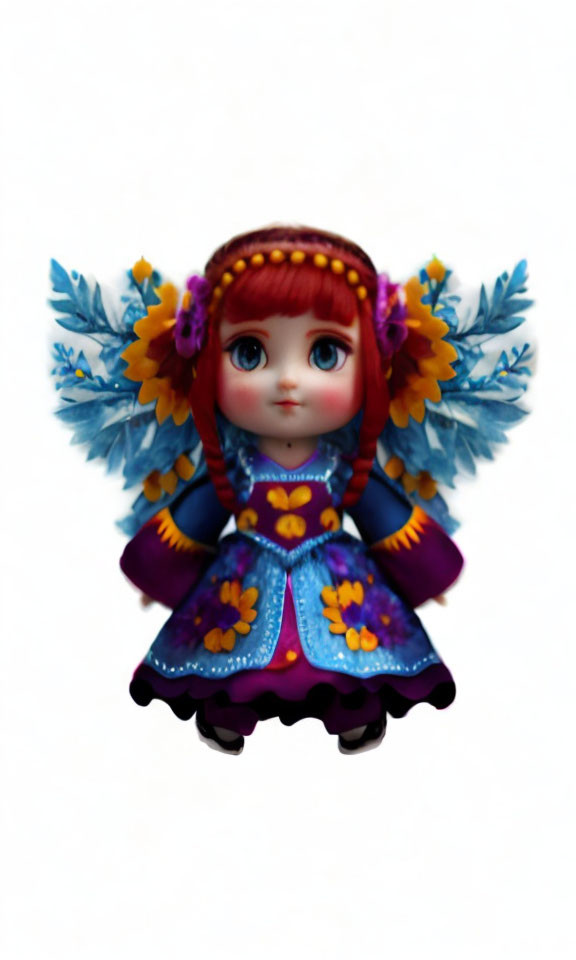 Colorful figurine of a girl with red hair, blue dress, floral patterns, yellow flowers,