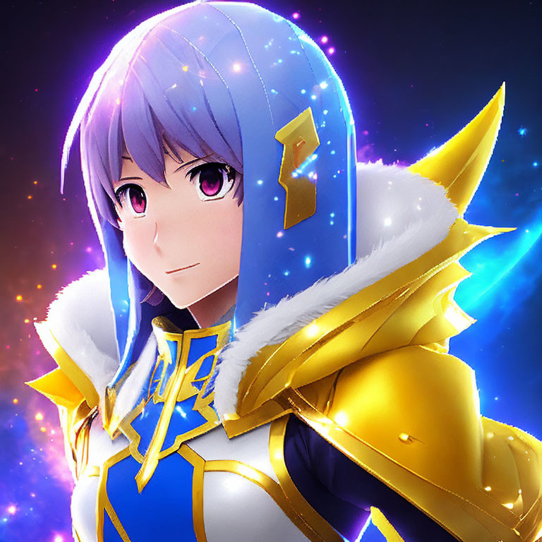 Purple-haired character in blue and gold armor on starry night background