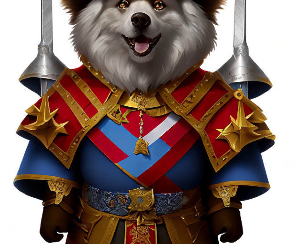 Regal dog in medieval armor with crown and crossed swords