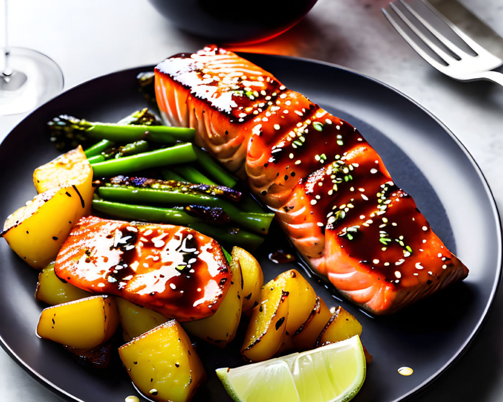 Grilled Salmon Fillet with Sesame Seeds, Asparagus, Roasted Potatoes, Lime Wed