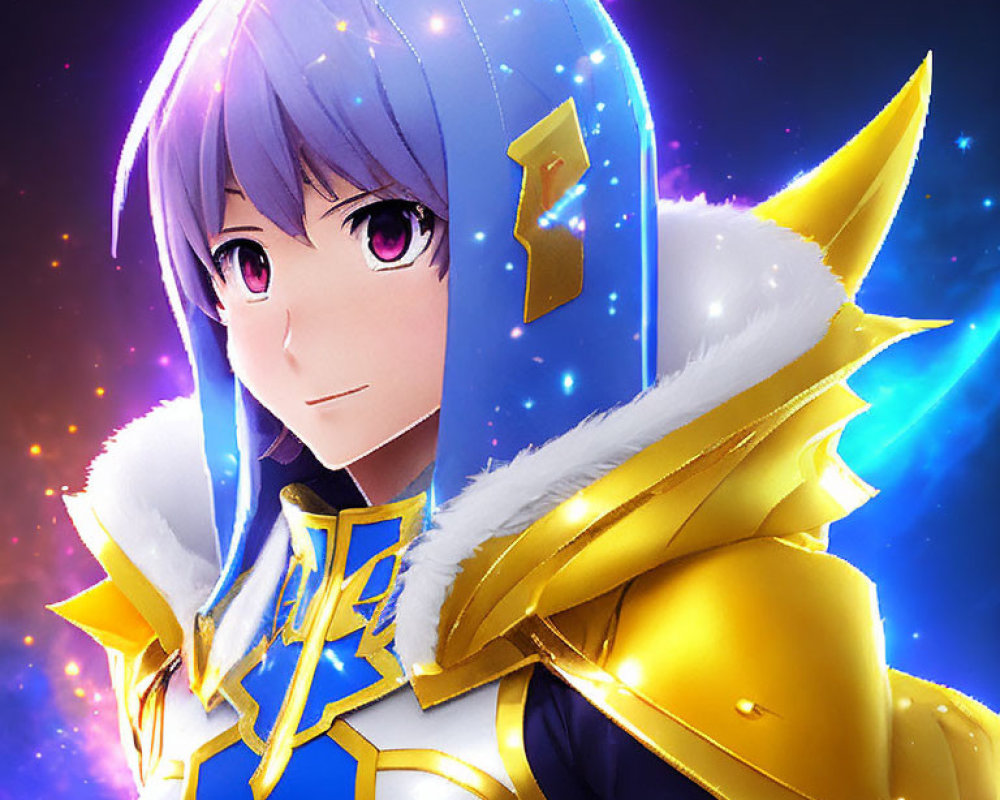 Purple-haired character in blue and gold armor on starry night background