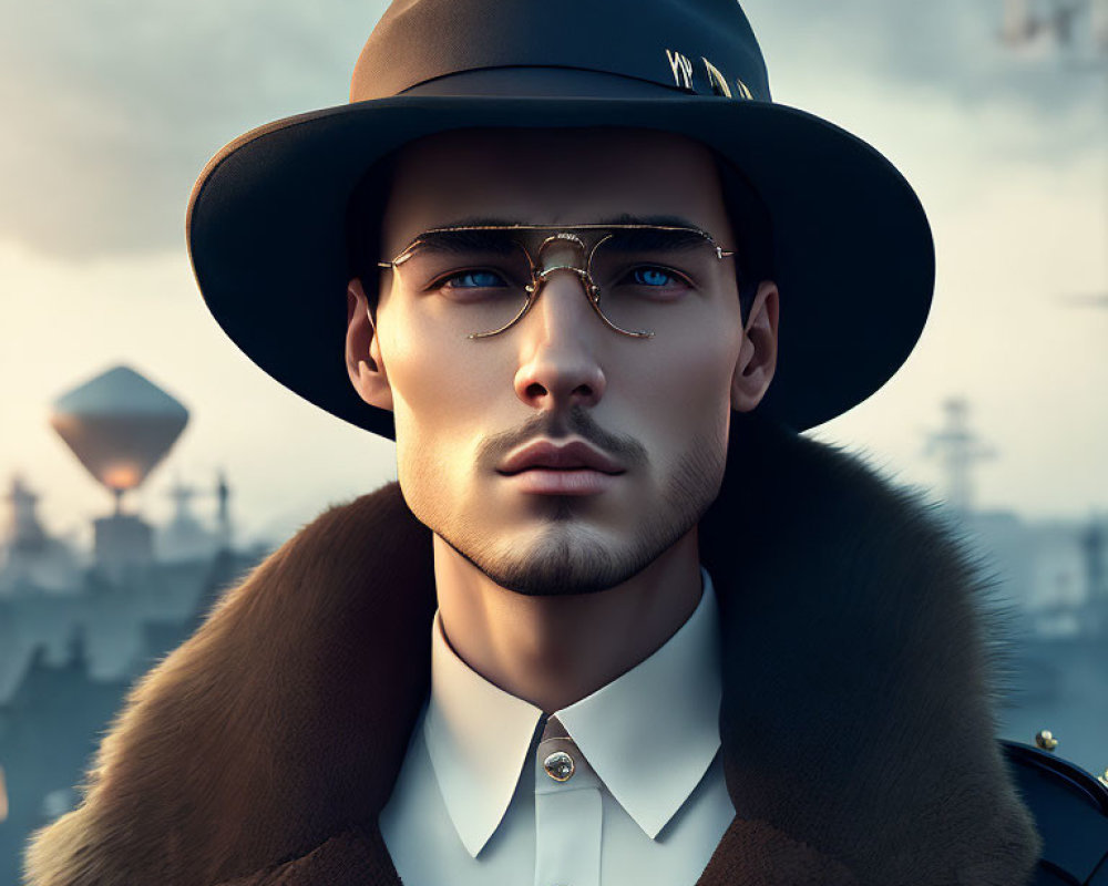 Stylish man with hat and fur collar in moody urban setting