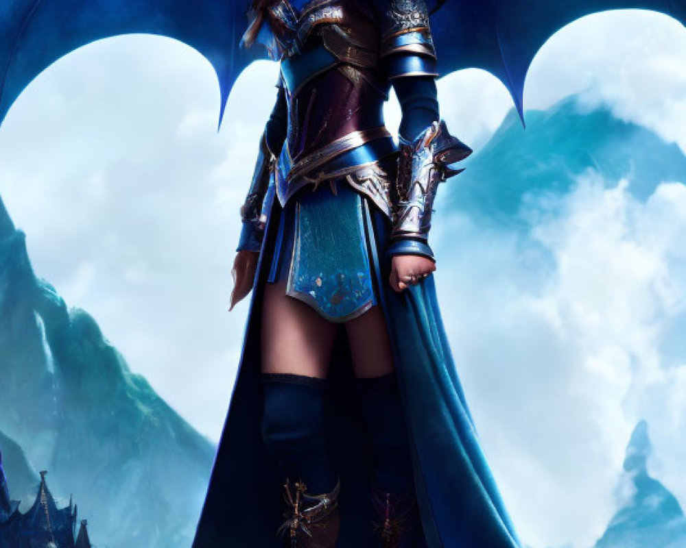 Digital artwork of warrior woman in blue and silver armor with majestic dragon