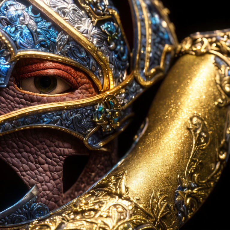 Detailed Engraved Metal Helmet with Gold Accents and Eye Close-Up