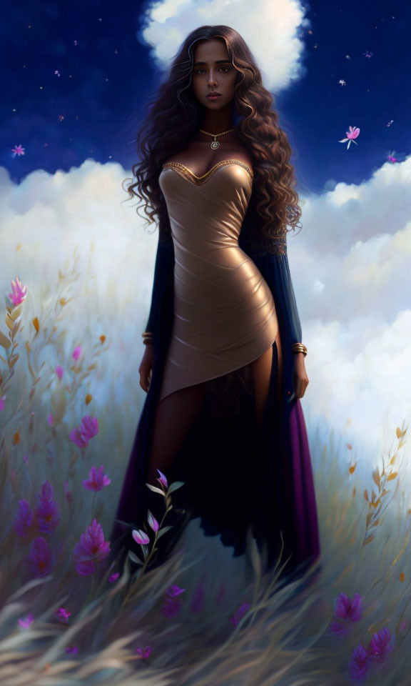 Illustration: Woman in gold and purple gown in wildflower field