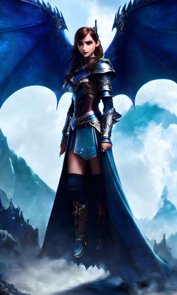 Digital artwork of warrior woman in blue and silver armor with majestic dragon