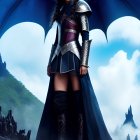 Digital artwork of warrior woman in blue and silver armor with majestic dragon