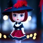 Porcelain doll with large eyes in black and white dress and hat with red feathers against bokeh light