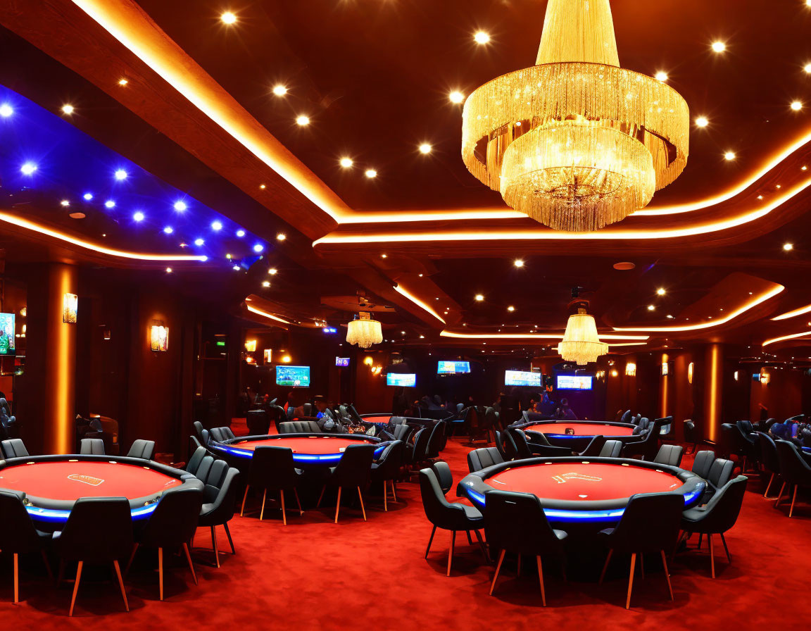 Luxurious Casino Interior with Red Carpet, Poker Tables, and Ornate Chandeliers