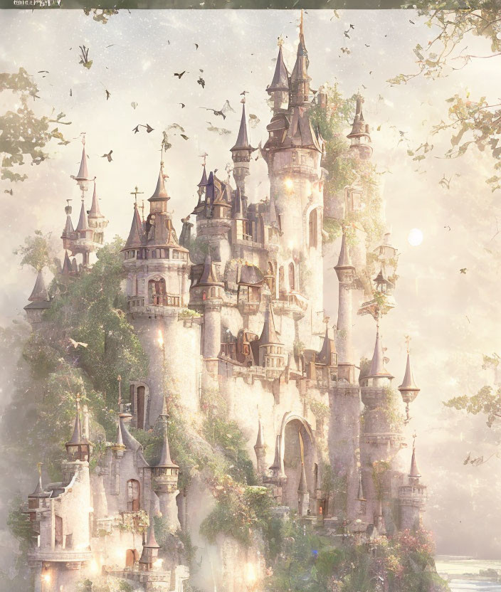 Ethereal fantasy castle in soft light with lush foliage and flying birds