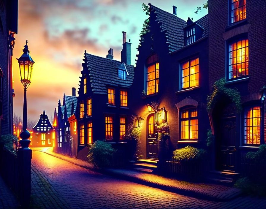 Traditional houses on cobblestone street at dusk with warm streetlamp glow