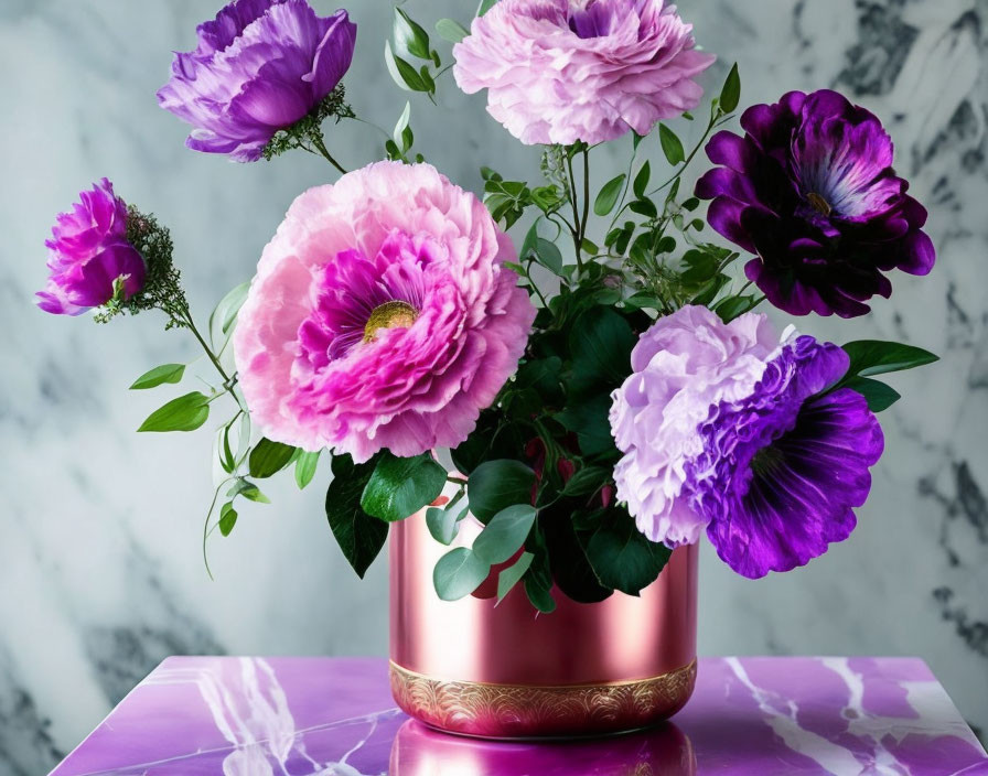 Purple and Pink Flowers in Copper Vase on Marble Background