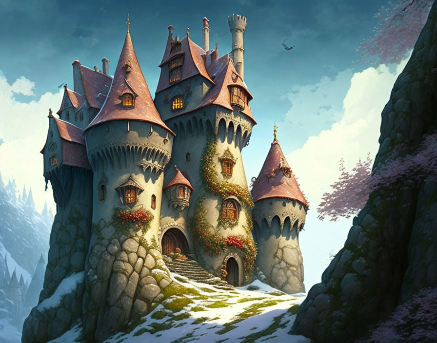 Whimsical animated castle with turrets and ivy against mountain backdrop