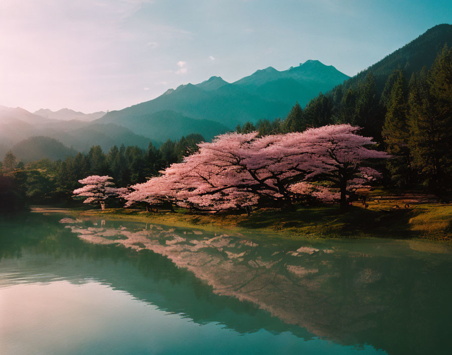 Tranquil Cherry Blossom Landscape by Calm Lake