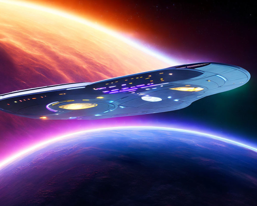 Spaceship resembling USS Enterprise orbits vibrant planet with colorful space background