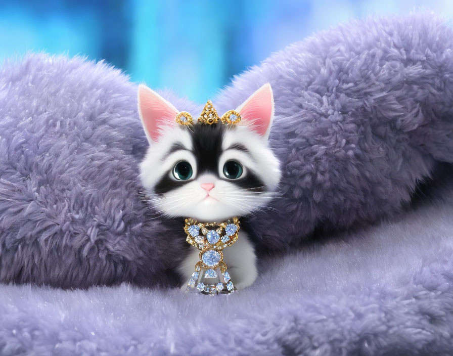 Animated kitten with tiara and necklace on purple fabric