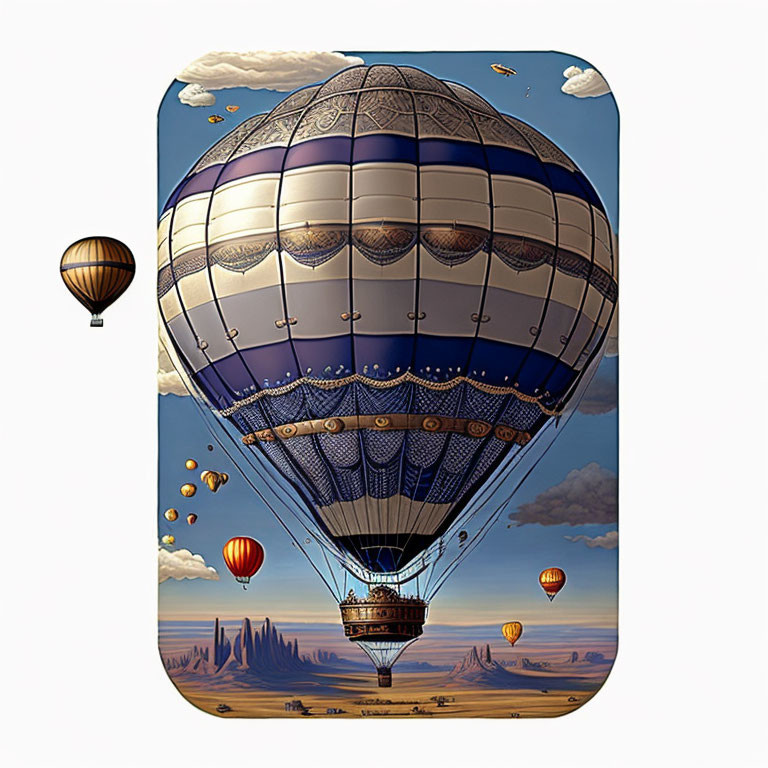 Ornate hot air balloons over desert with rock formations