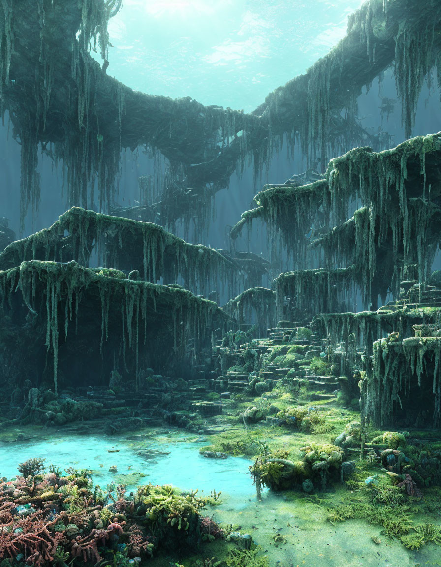 Mystical green forest with vines, moss terraces, and serene blue pool