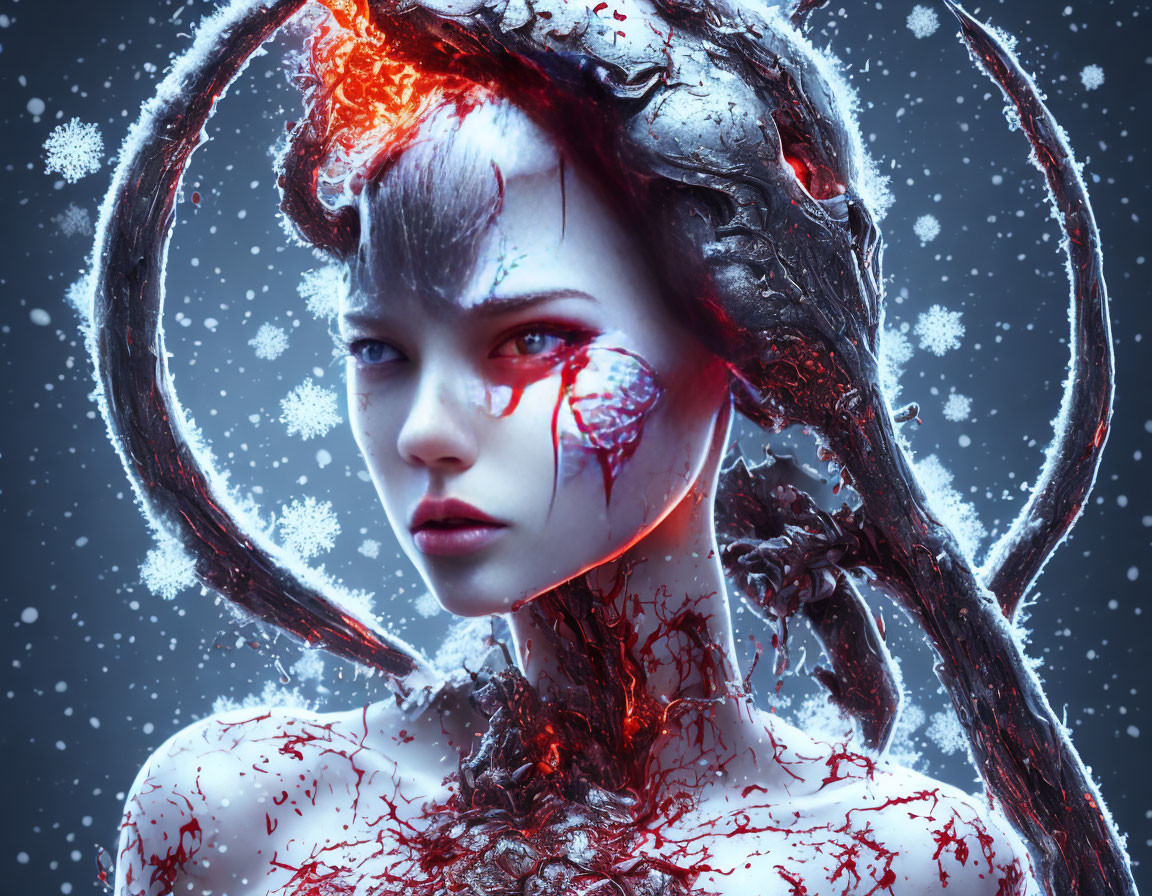 Fantasy Female Figure with Glowing Red Cracks and Horned Crown in Snowy Setting