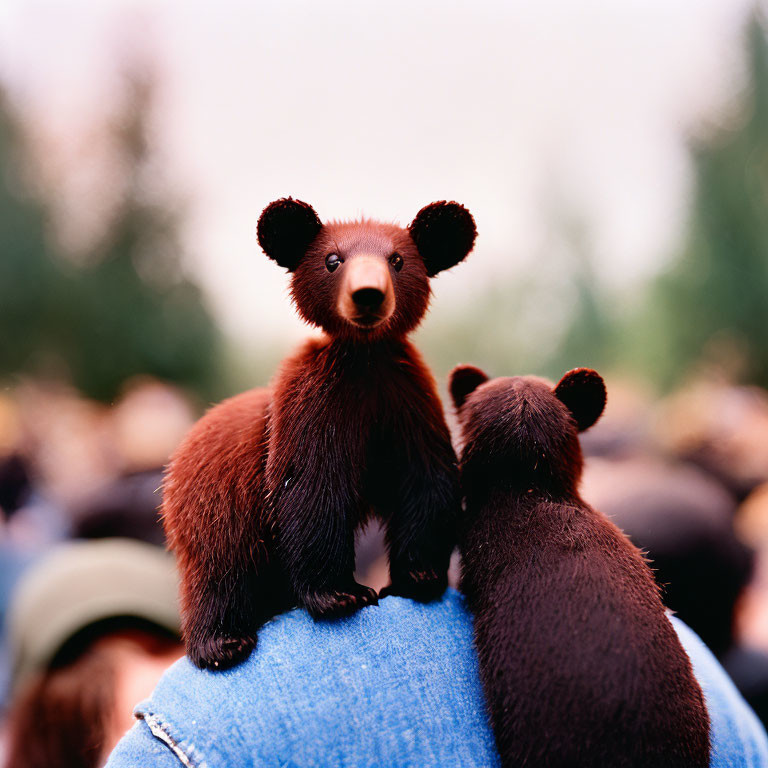 Plush bear toy seated on shoulder with two smaller bears in a crowd