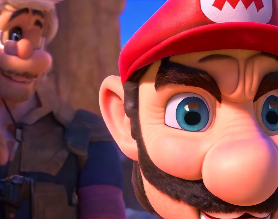 Detailed 3D-animated Mario with red cap and mustache, another character blurred