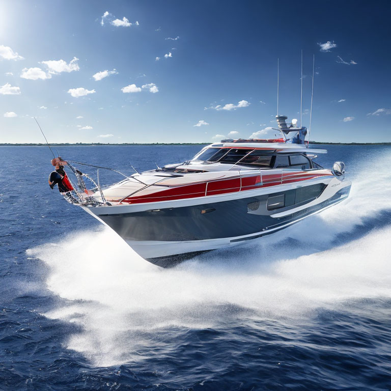 Luxury yacht deck: Person fishing under clear blue skies