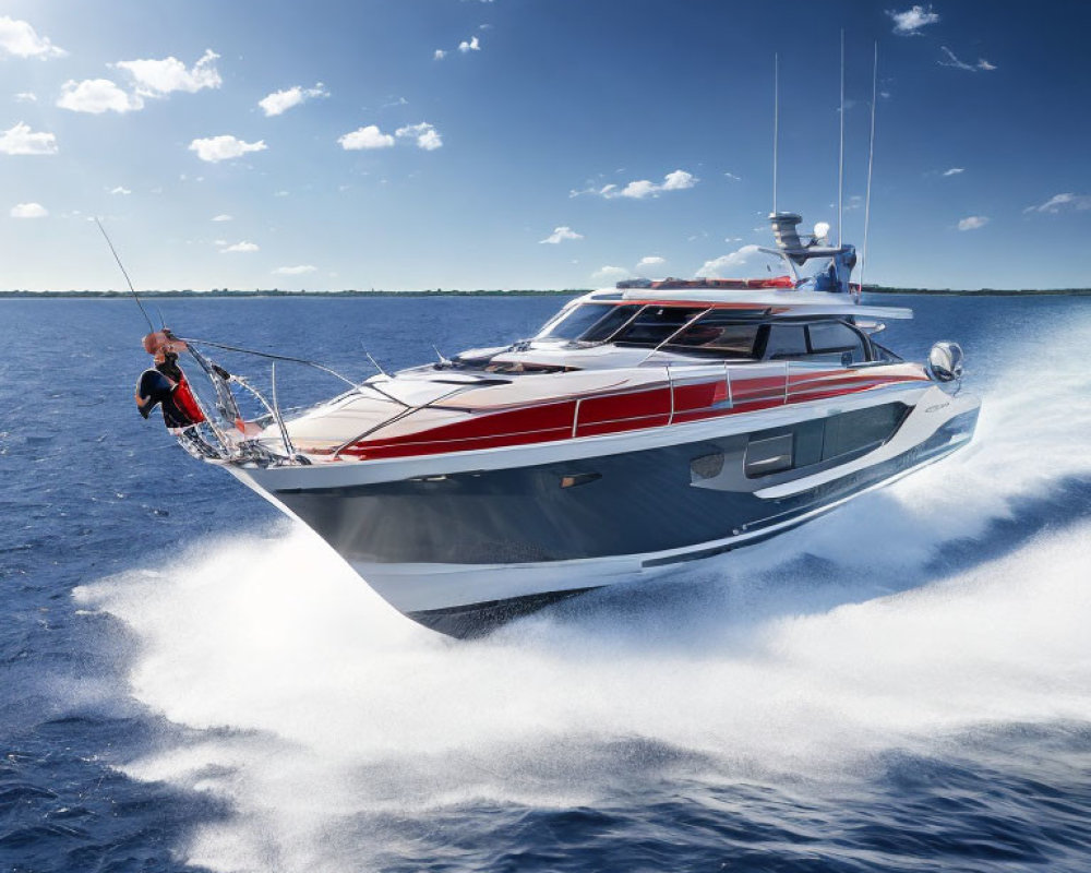 Luxury yacht deck: Person fishing under clear blue skies