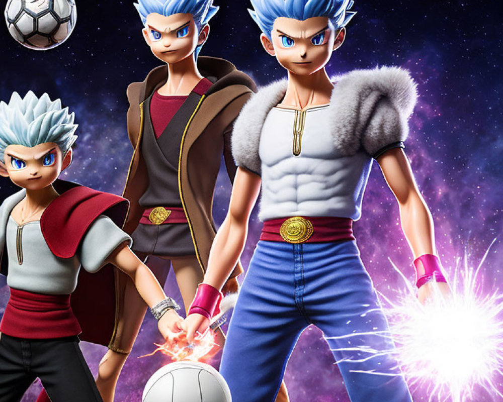 Dynamic Soccer Players with Spiky Blue Hair in Cosmic Setting