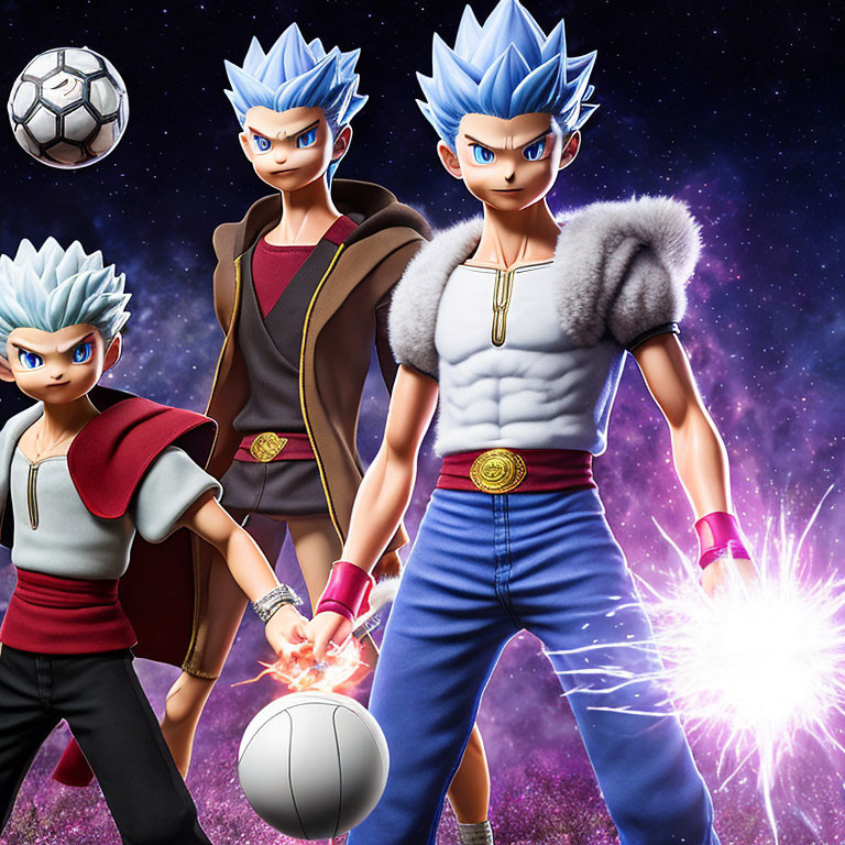 Dynamic Soccer Players with Spiky Blue Hair in Cosmic Setting