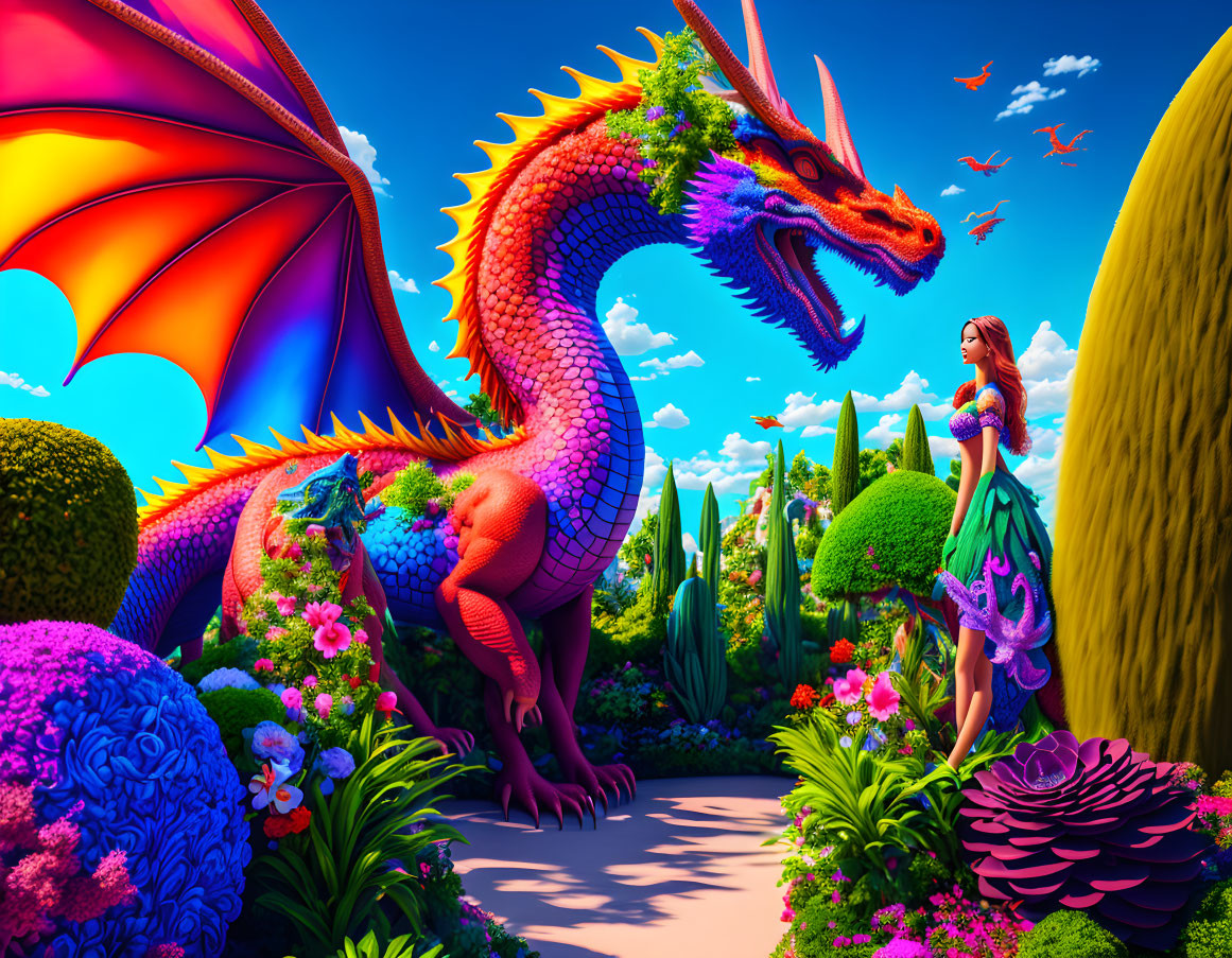 Colorful Dragon and Woman in Lush Garden with Flying Creatures