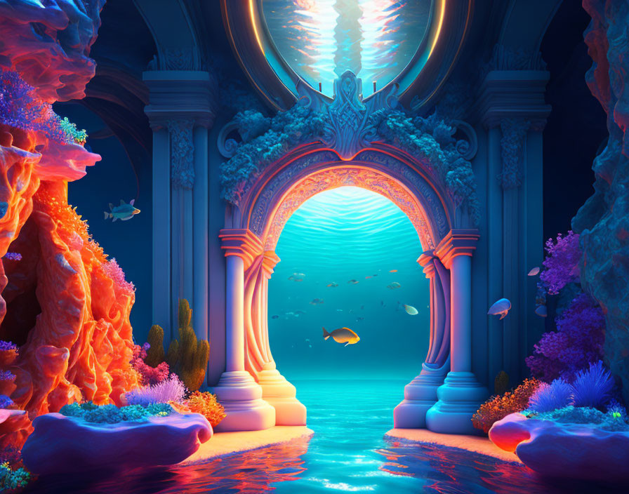 Underwater archway with coral reefs and tropical fish