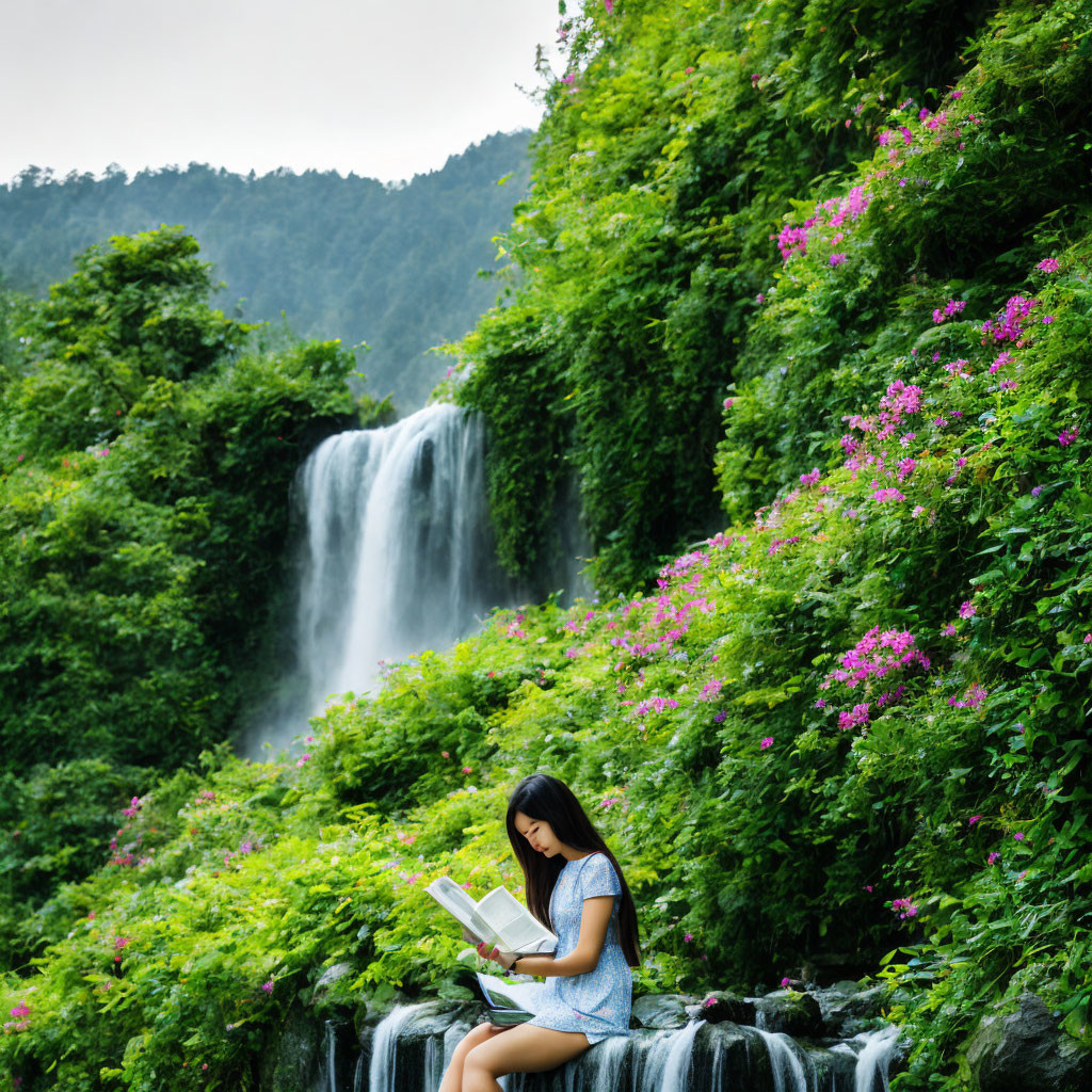 Person reading book by lush waterfall and purple flowers