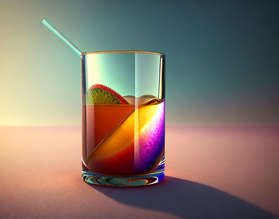 Colorful Glass of Amber Liquid with Straw on Gradient Background