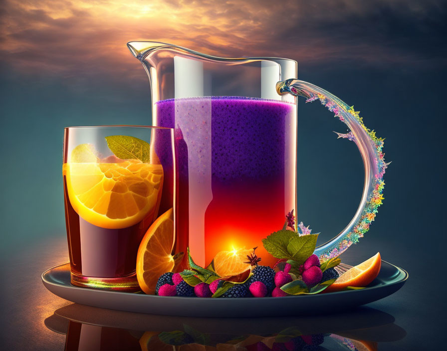 Colorful Still Life: Drink Pitcher with Floral Handle and Citrus Slices