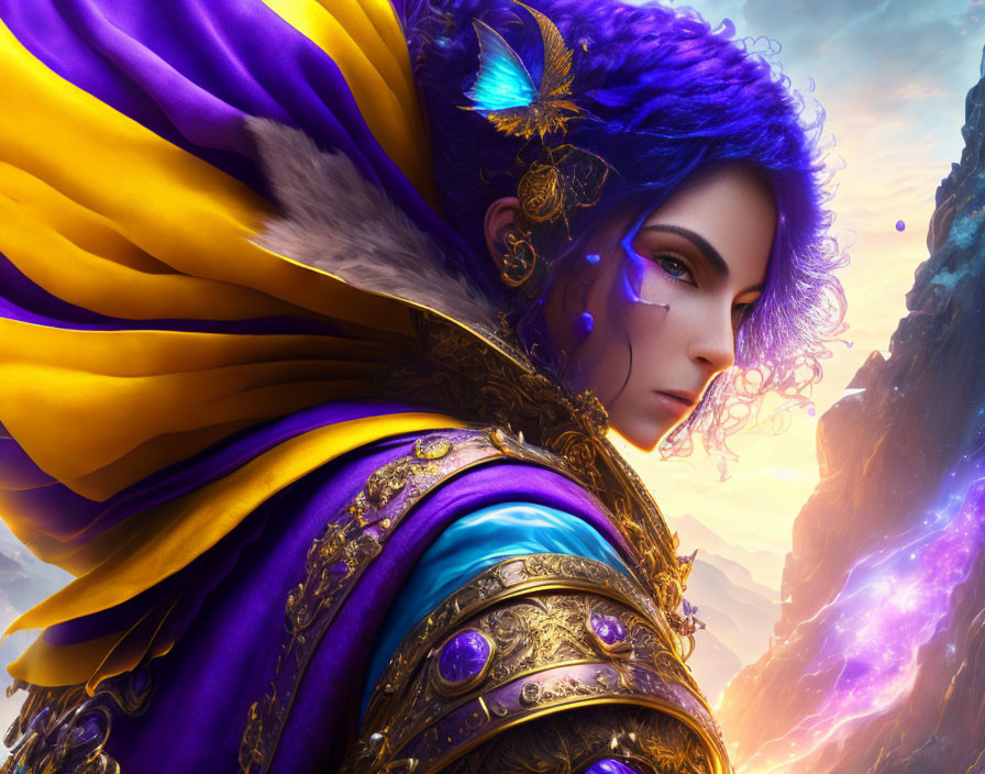 Digital artwork: Woman with blue hair and purple eyes in golden and purple armor.