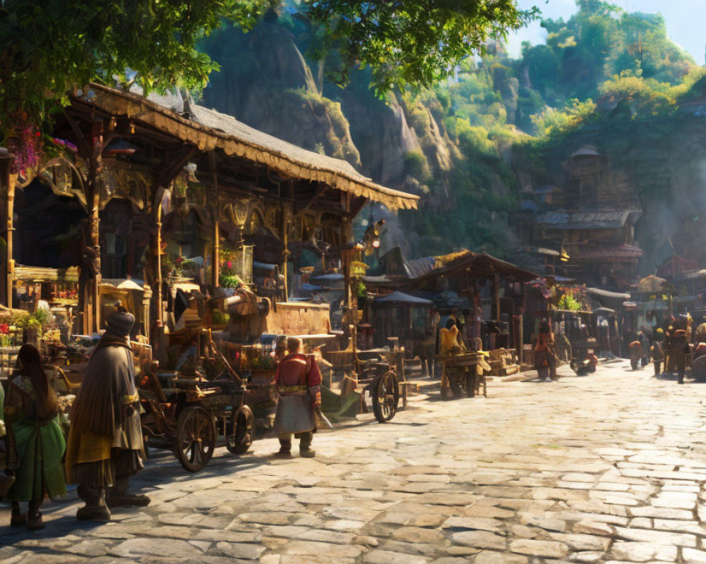 Medieval market scene with vendors, carts, and people in period attire