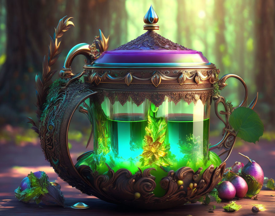 Ornate magical teapot with glowing green contents in mystical forest scene