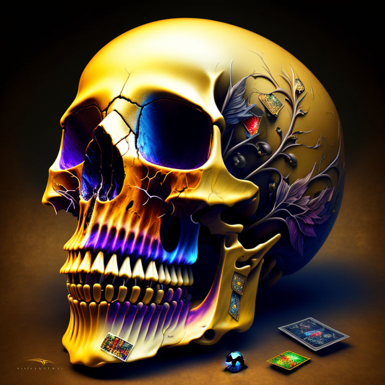 Colorful digital artwork featuring skull with floral designs, tarot cards, and dice.