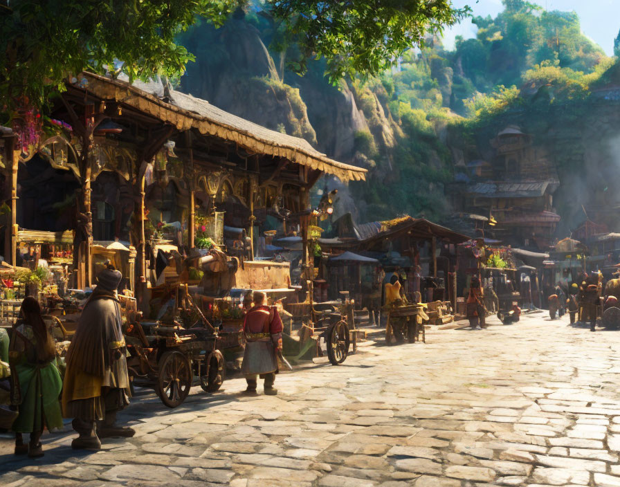 Medieval market scene with vendors, carts, and people in period attire