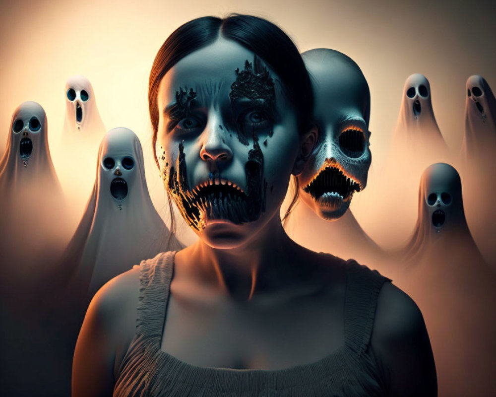 Girl with half monstrous face and eerie ghostly figures on ominous backdrop