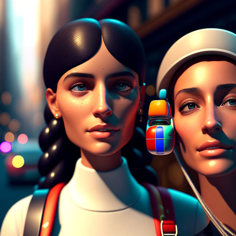 Stylized digital characters with headset in city backdrop