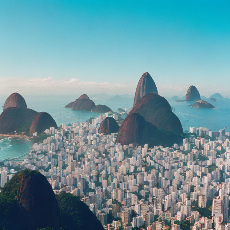 Densely populated city with skyscrapers and coastal mountains under clear sky